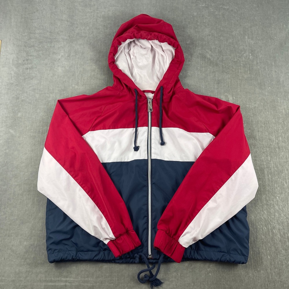 Hollister Women XL Red White Blue Colorblock Windbreaker Full Zip Hooded Jacket